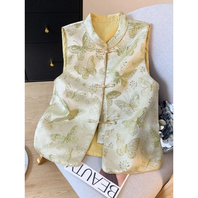 新中式国风唐装盘扣马甲古风立领坎肩上衣复古提花马夹背心女外搭