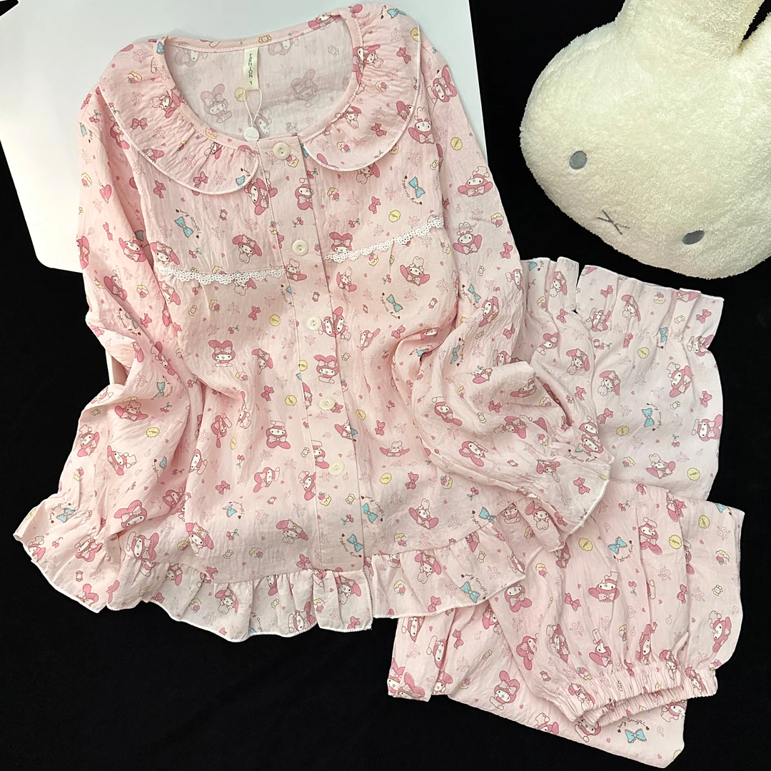 春秋季新款卡通少女学生睡衣开衫长袖长裤带胸垫圆领甜美家居服