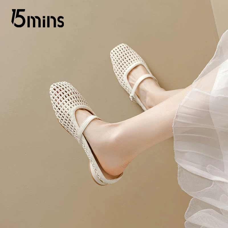 15MINS包头半拖鞋女2025新款夏季外穿复古休闲编织镂空玛丽珍凉拖