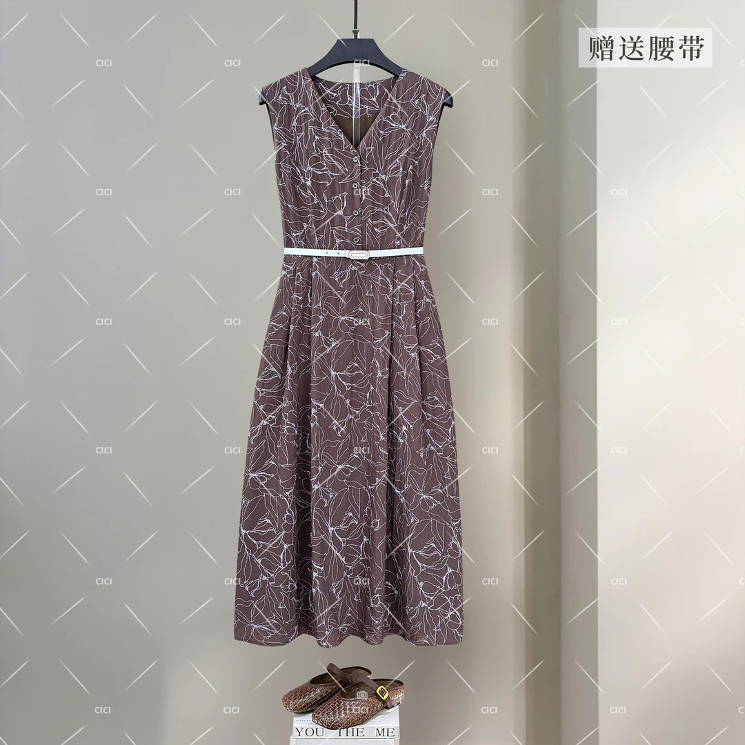 雾隐 高腰显瘦修身气质文艺优雅中长款棉麻V领背心裙SE-6000626