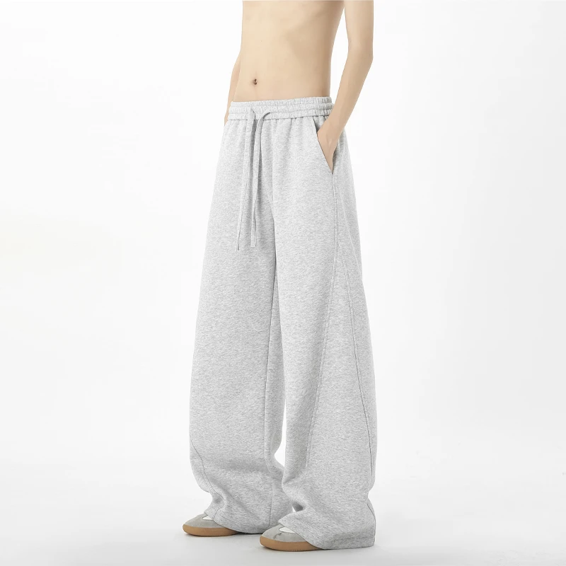 美式重磅拼接运动卫裤男秋冬季加绒加厚百搭休闲弯刀裤直筒阔腿裤