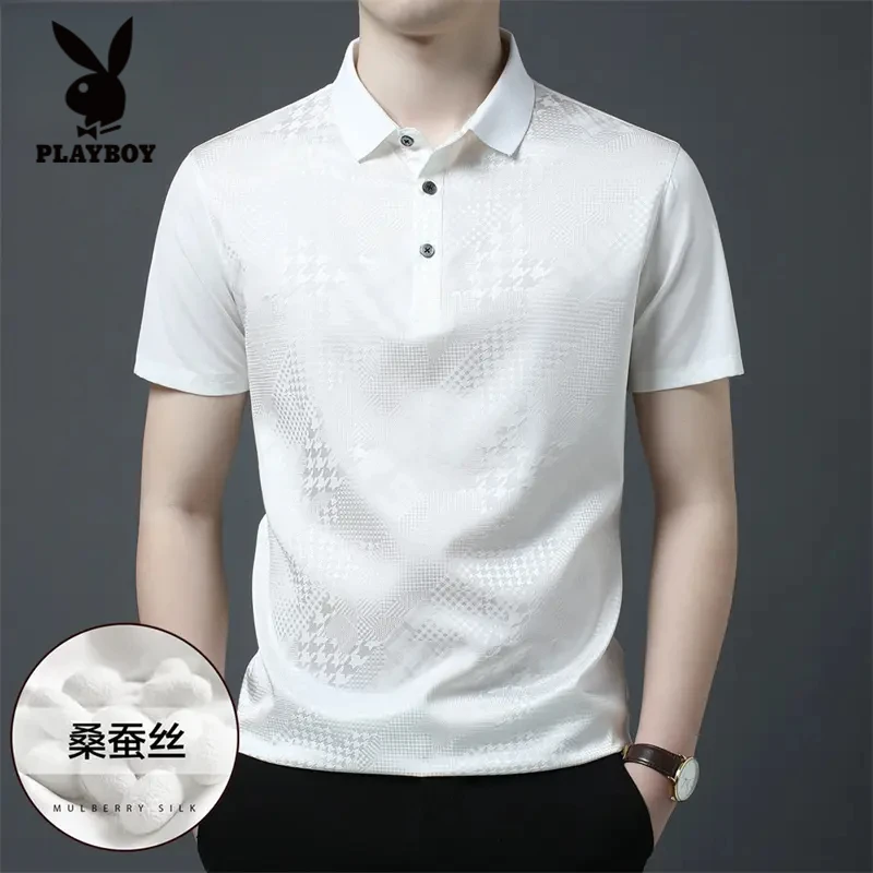花花公子桑蚕丝短袖男士夏季高档丝绸翻领真丝上衣高端印花polo衫