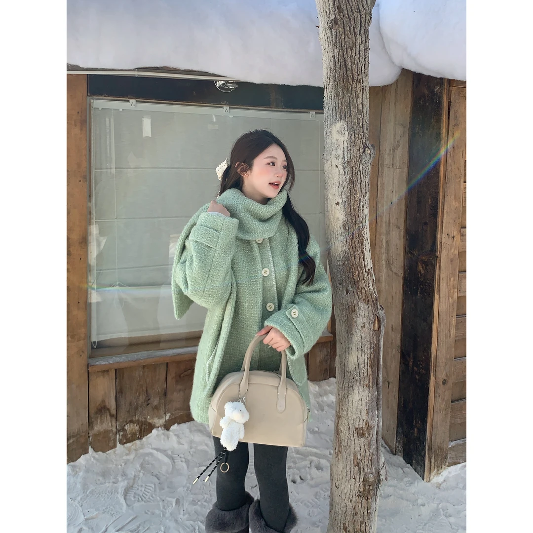 切糕自制【青苹果乐园】小个子女秋冬设计感粗花呢围巾领可拆卸外套