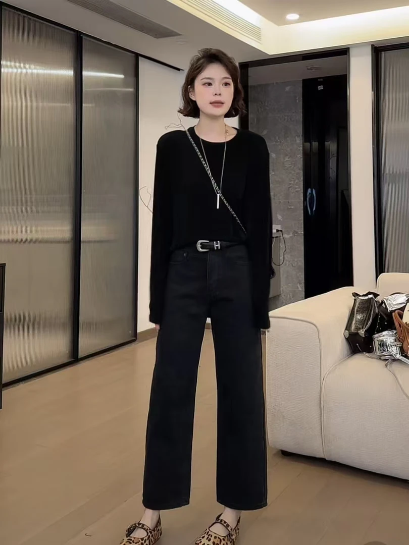 欧尼私服 2025春款百搭显瘦深色无弹法棍牛仔九分裤2502C516