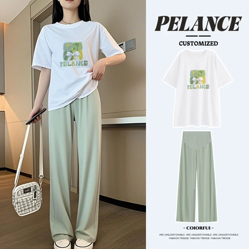 孕妇夏季新款休闲时尚小熊蝴蝶印花短袖上衣冰丝拖地裤两件套装