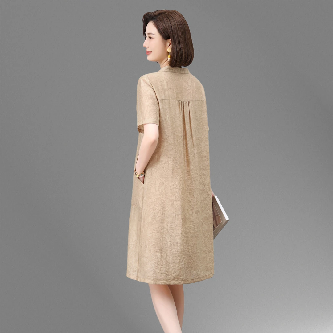 莱赛尔天丝亚麻连衣裙女夏季2025新款大码宽松洋气妈妈中长款裙子