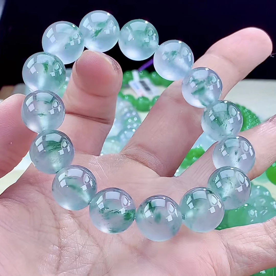 段家玉收藏传承级龙石种起杠光天空蓝底缅甸天然翡翠A货飘花手串