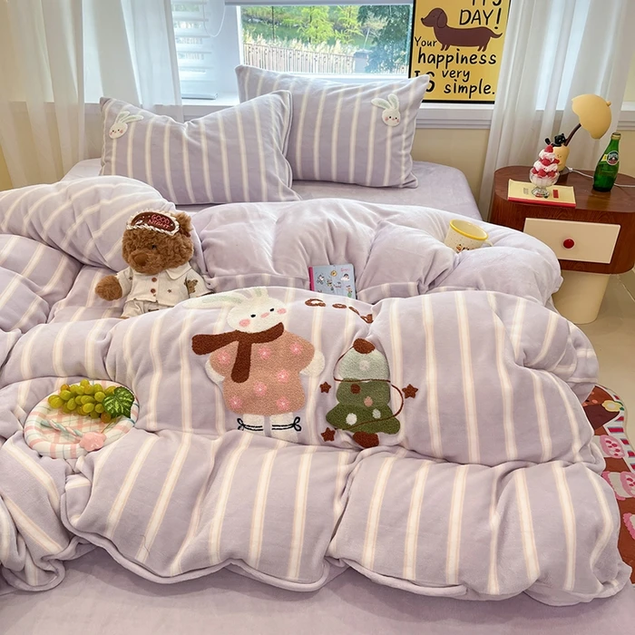 母婴可用牛奶绒刺绣四件套可爱加绒毛绒双面绒被套床单套件