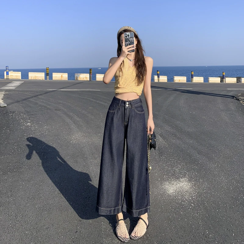 丹宁深蓝莱赛尔阔腿牛仔裤女夏季新款高腰宽松显瘦薄款九分裤子