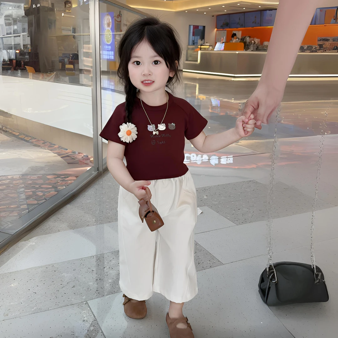 女童套装2025夏装新款韩系酒红色KT猫咪T恤白色直筒分割裤两件套