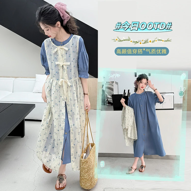 【潇潇妈】女童夏季新款蓝色衬衫连衣裙叠穿套装