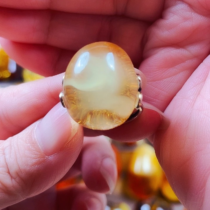 琥珀银S925镶嵌裸石戒指