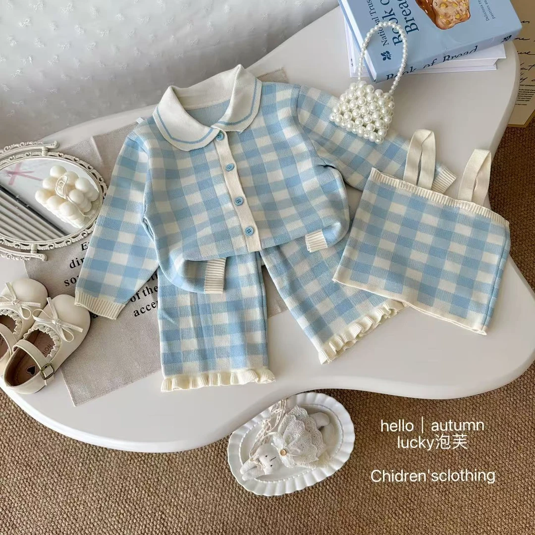 【lucky泡芙】miu系！女童洋气针织格子开衫秋冬小香风直筒裤套装潮