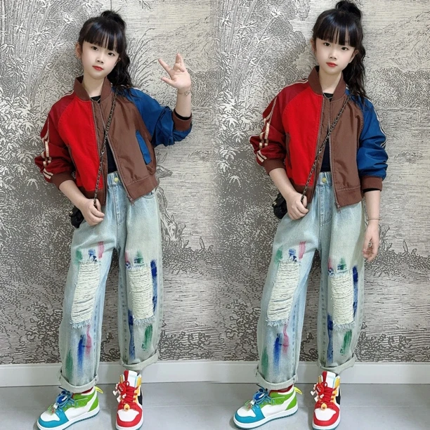 女童撞色夹克衫外套2024新款韩版儿童时髦短休闲牛仔裤