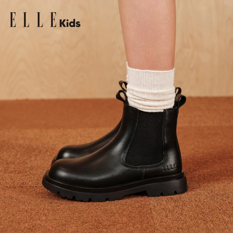 ELLEkids女童靴子秋冬季新款小女孩短靴男童皮靴软底儿童马丁靴