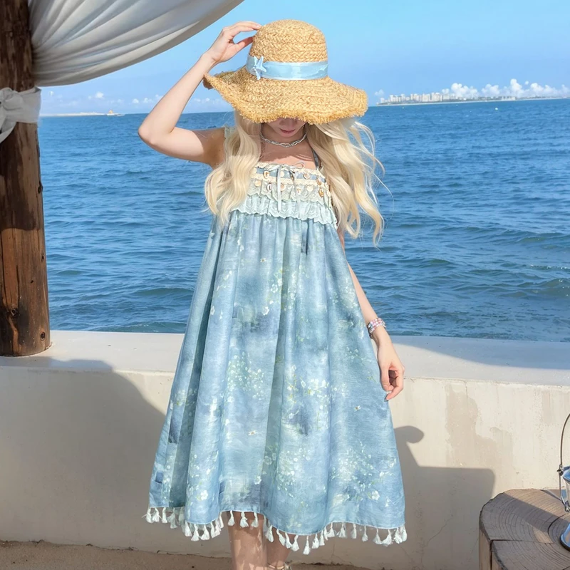 森女部落原创甜美吊带连衣裙女2025夏新款小个子海边度假风长裙子