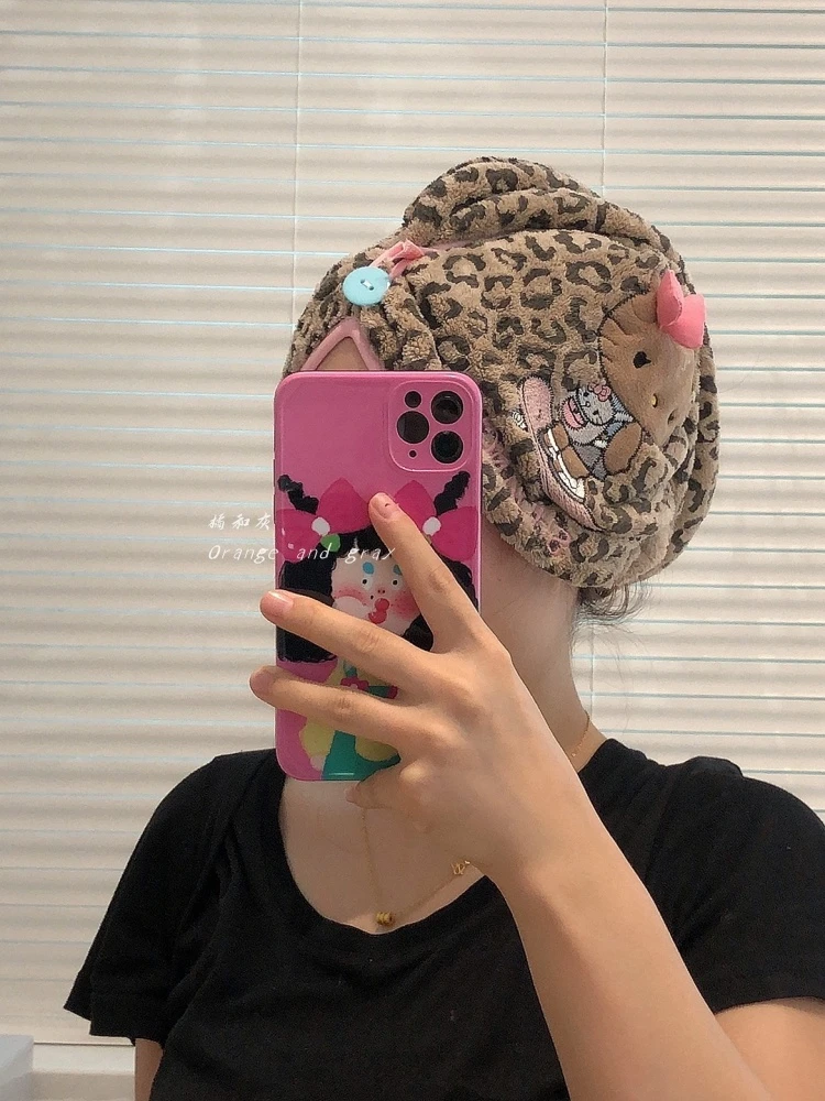 可爱kitty豹纹干发帽吸水包头巾速干不掉毛洗澡浴帽干发毛巾女生