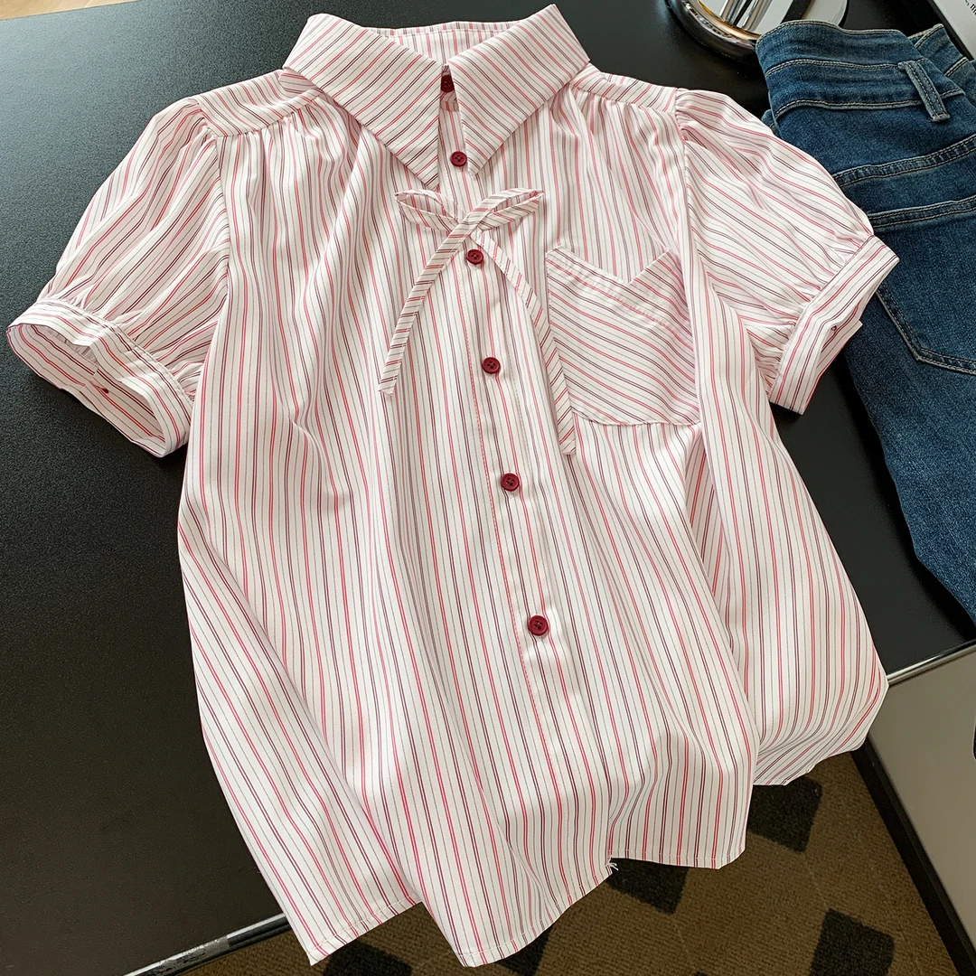 学院风粉色衬衫2025新款女夏季红色条纹蝴蝶结短袖泡泡袖衬衣上衣