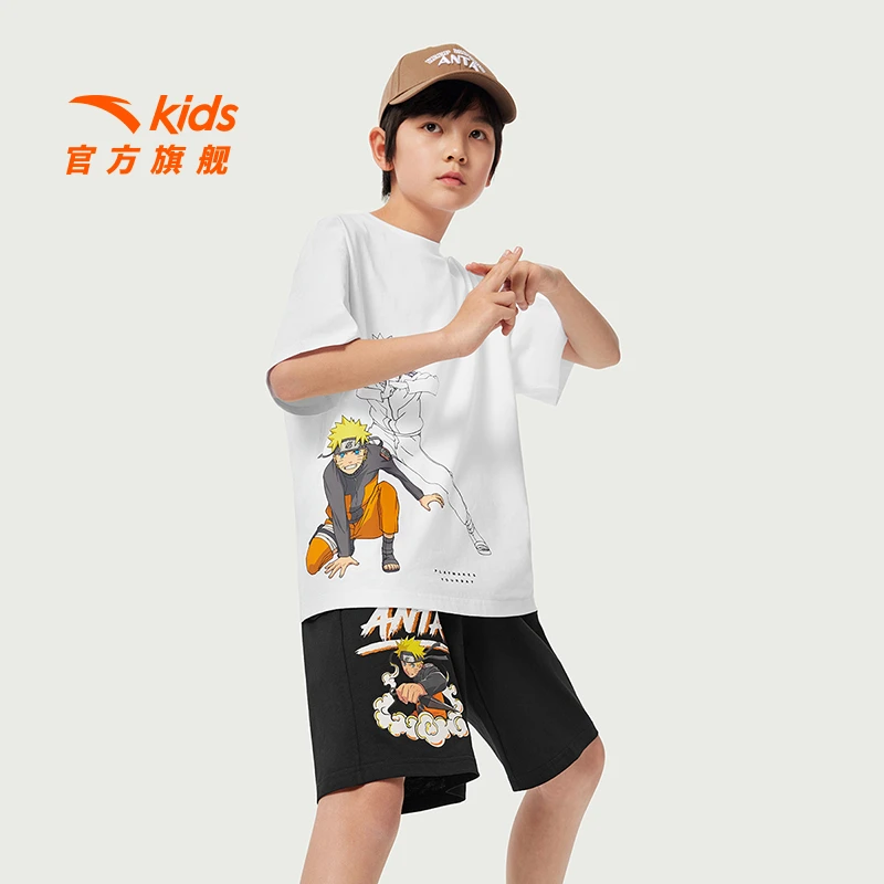 安踏儿童男大童针织运动套2025夏新款透气圆领青少年短袖短裤套装