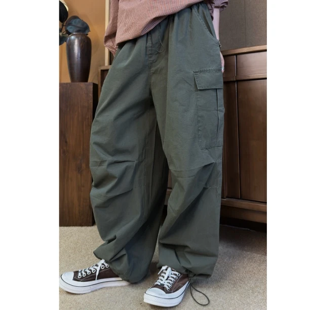 HY罗罗夏秋褶皱腰头抽绳洗水侧口袋工装休闲长裤日系复古老钱风