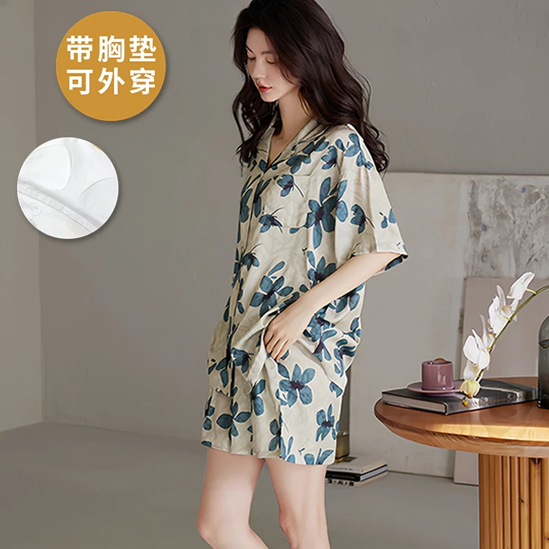 夏季带胸垫睡衣女士休闲透气棉布夏天时尚开衫翻领短袖短裤家居服