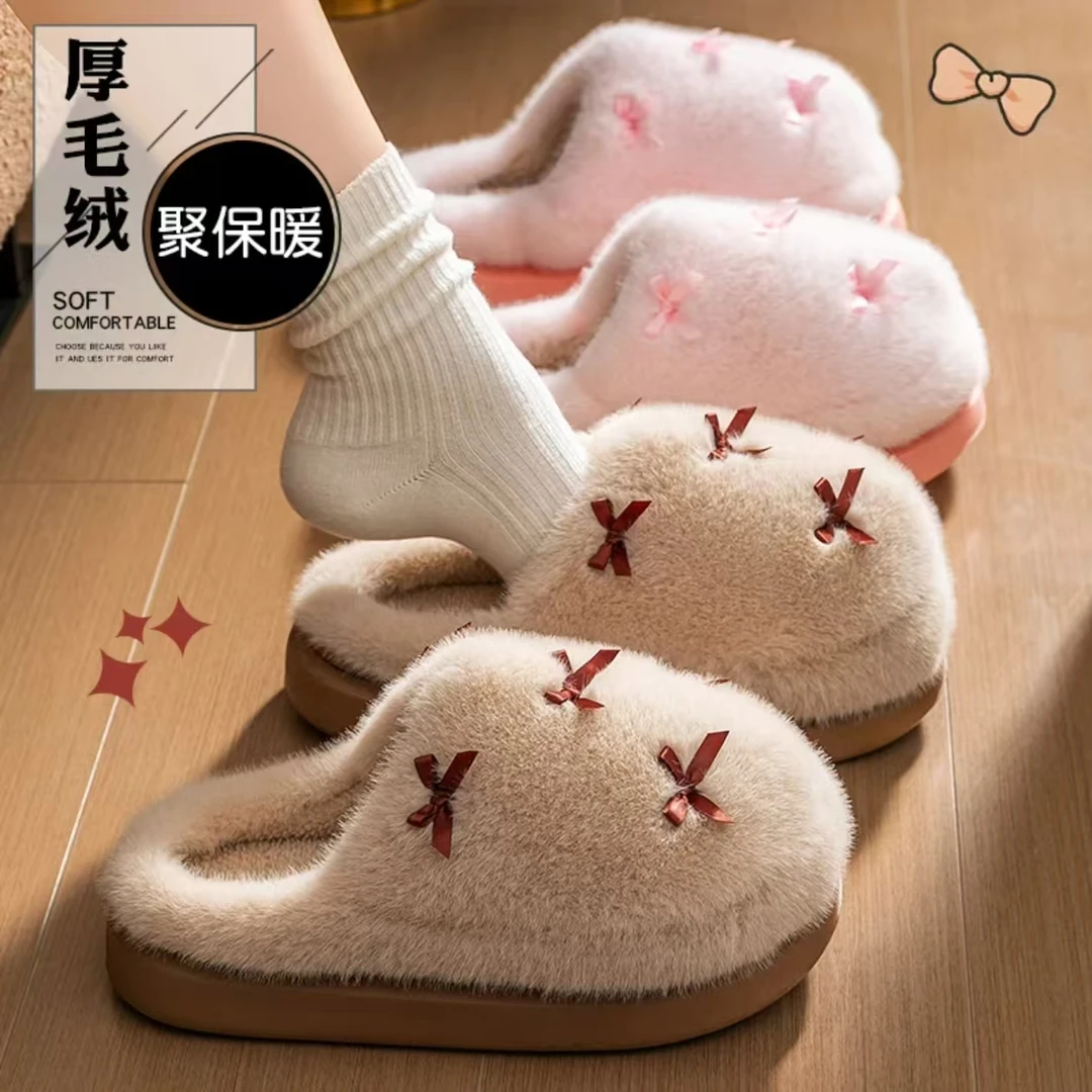 可爱蝴蝶结棉拖鞋女2025新款秋冬室内居家厚底防滑加绒保暖棉拖男