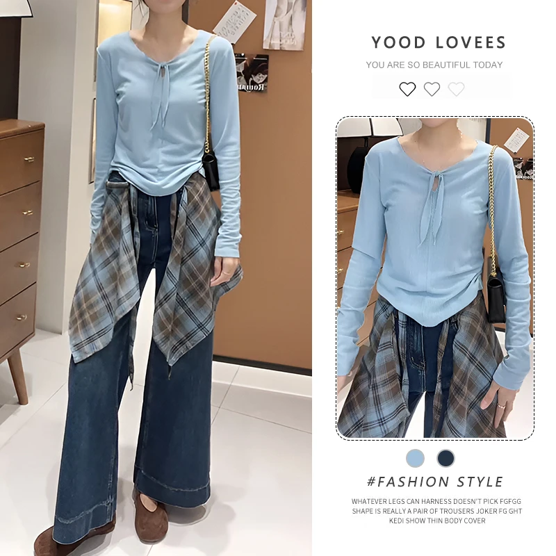 韩系时髦设计感套装女春秋新款针织上衣高腰系带屁帘牛仔裤三件套