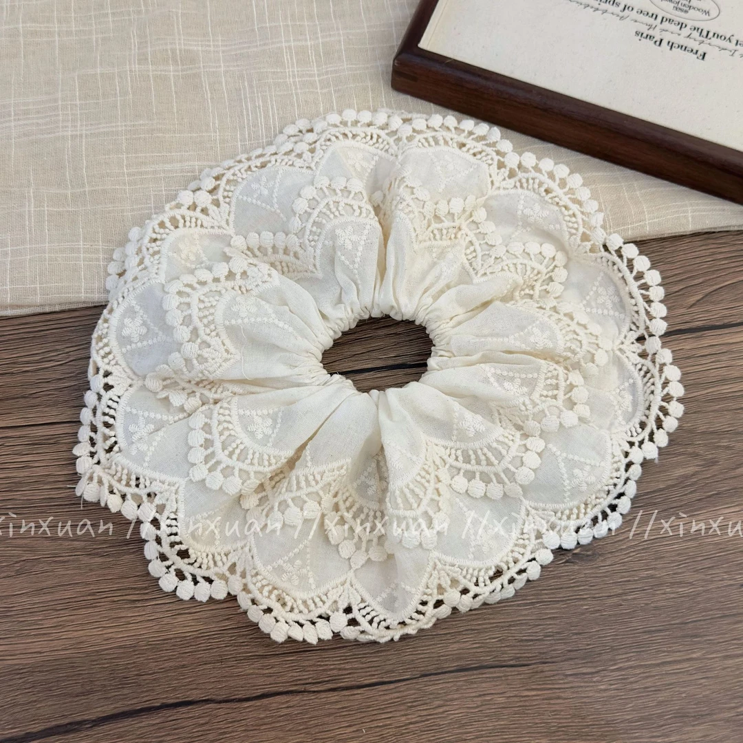 韩系温柔白色蕾丝花边大肠发圈法式重工多层大号刺绣棉布头绳发饰