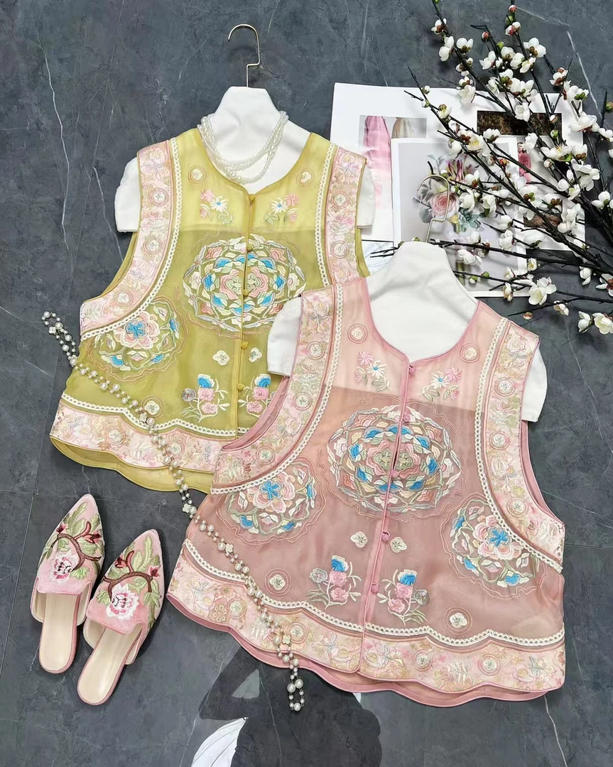 玛薇丝【五彩宝相花】新中式国风柯根纱刺绣拼宋锦马甲