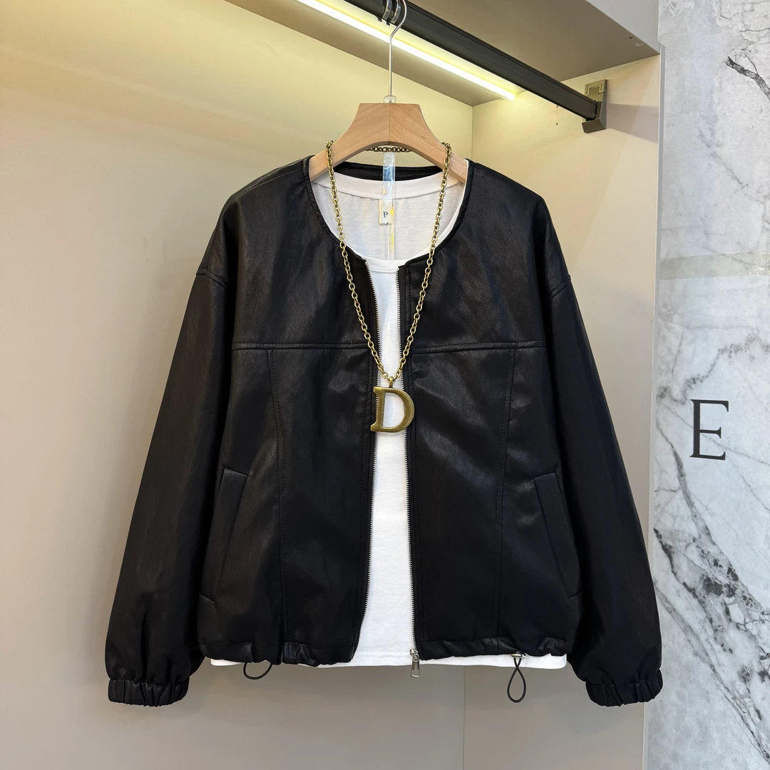 新款秋季2025大妈女装圆领高品质精致百搭显瘦免洗皮外套58015