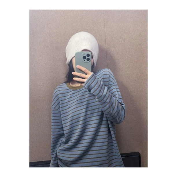 秋季撞色条纹长袖T恤/休闲复古/