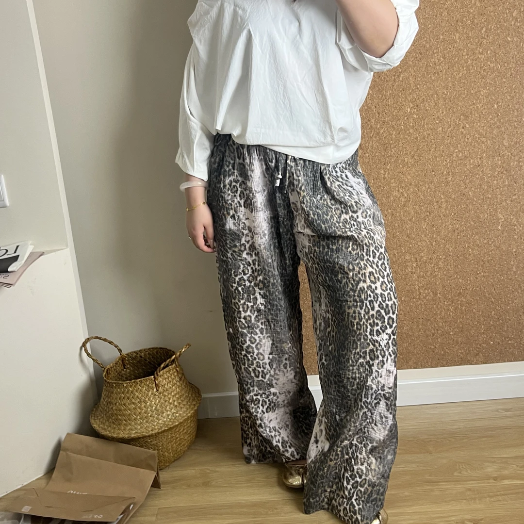 韩国同步—baby棉纱直筒豹纹休闲裤