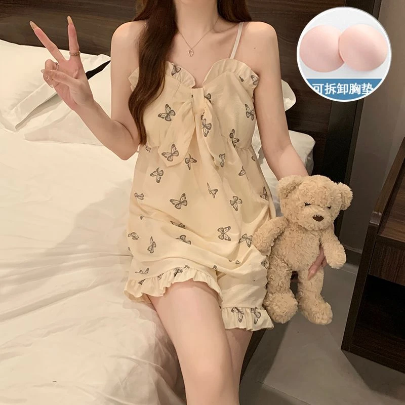 夏季新款梭织云朵棉带胸垫睡衣女款甜美吊带外穿夏天家居服套装
