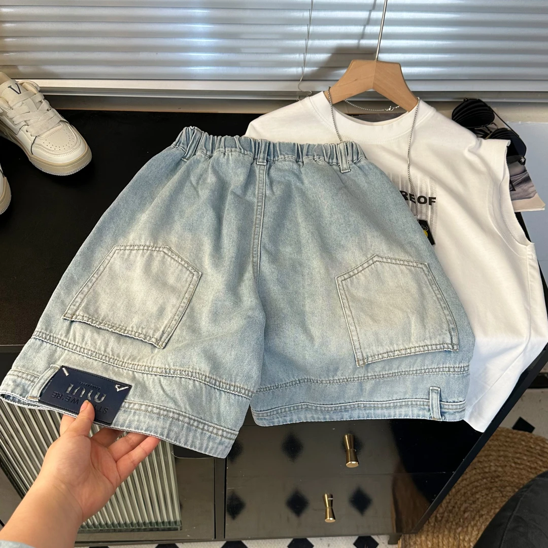 中性短裤中大童休闲大码牛仔裤中腰五分拼接洞夏季