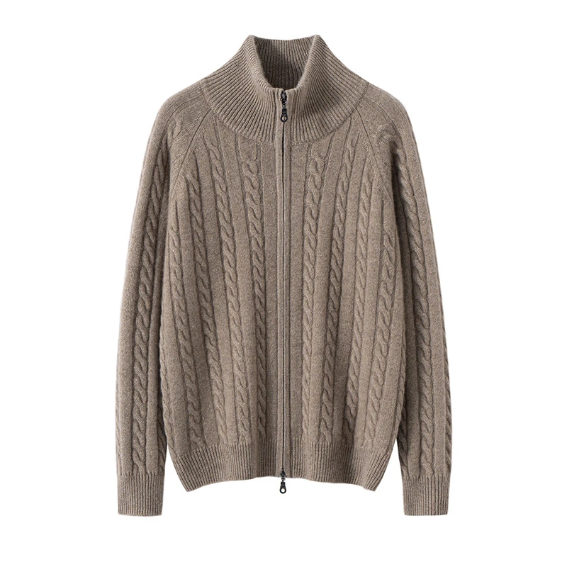 100%山羊绒女绞花慵懒风羊绒开衫半高领拉链纯色立领衫扭花羊绒衫