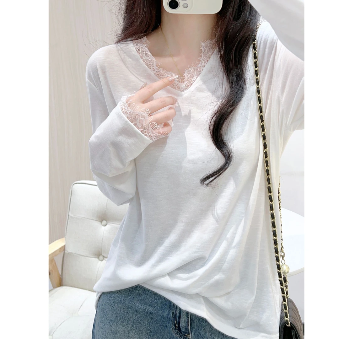 白色V领蕾丝边长袖t恤女2025春夏松弛感宽松慵懒风拼接设计感上衣