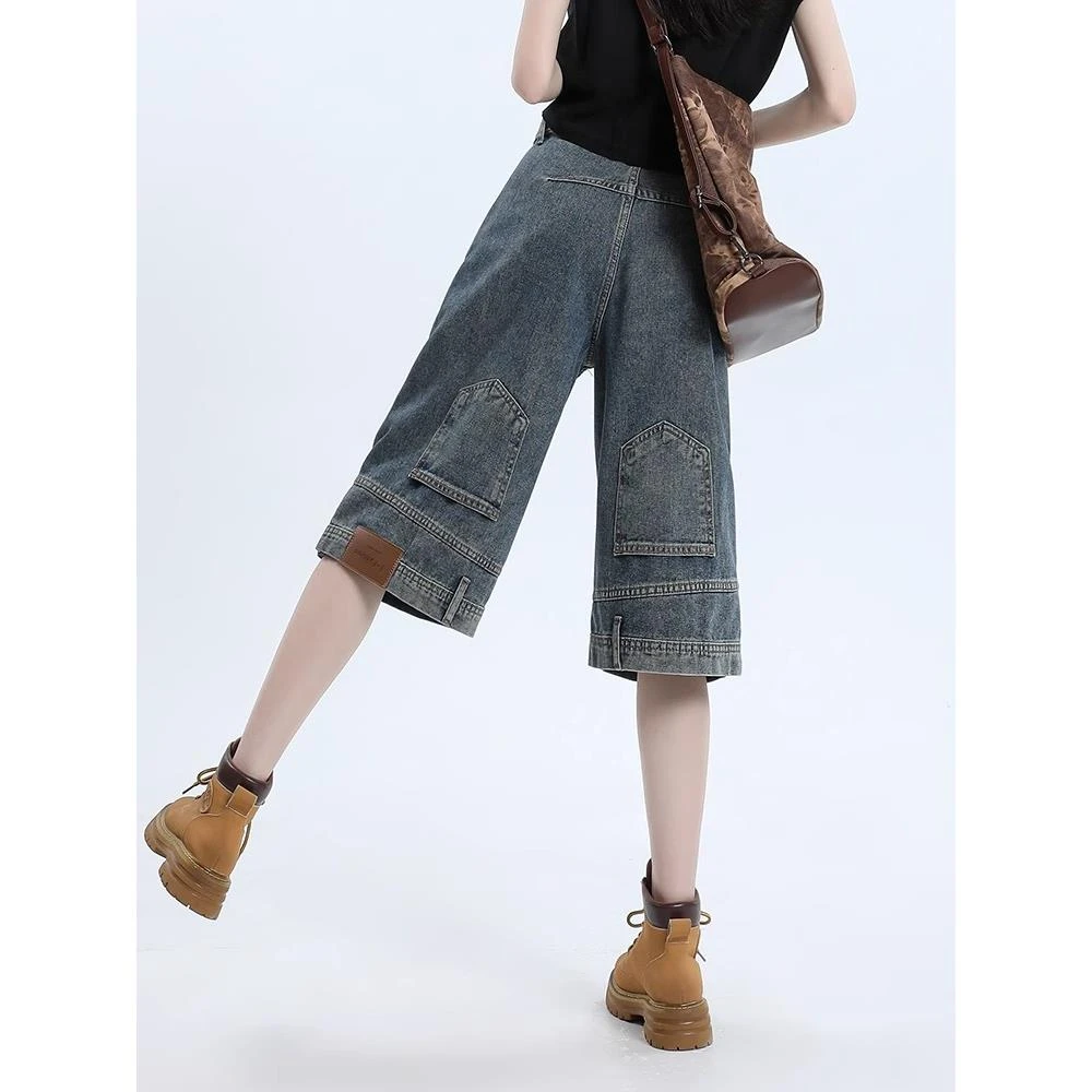 夏季薄款倒装反穿设计牛仔裤女小个子半裤中长短裤美式过膝六分裤