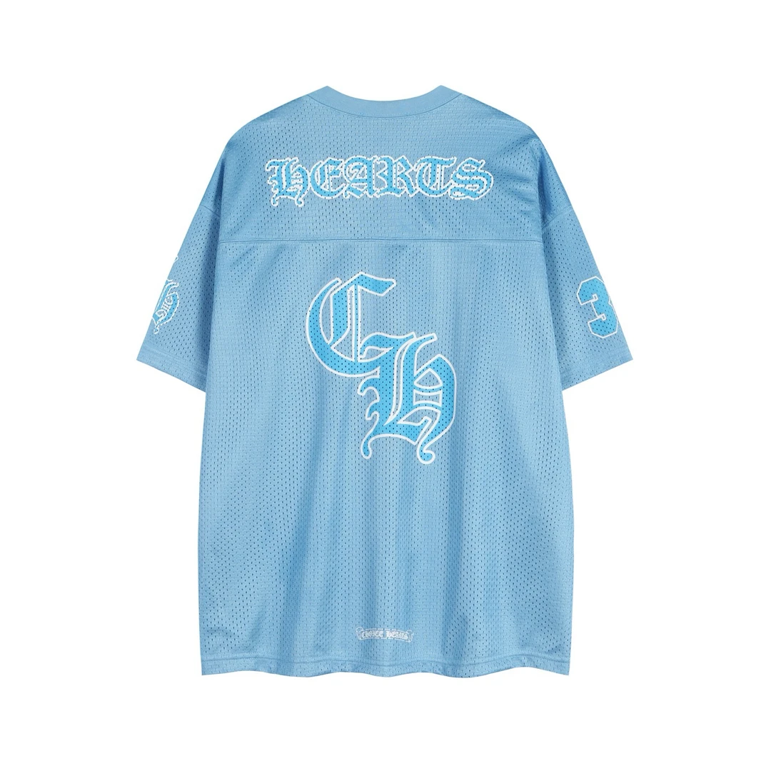 夏季新款梵文字母印花宽松网眼冰球服短袖T恤男女款