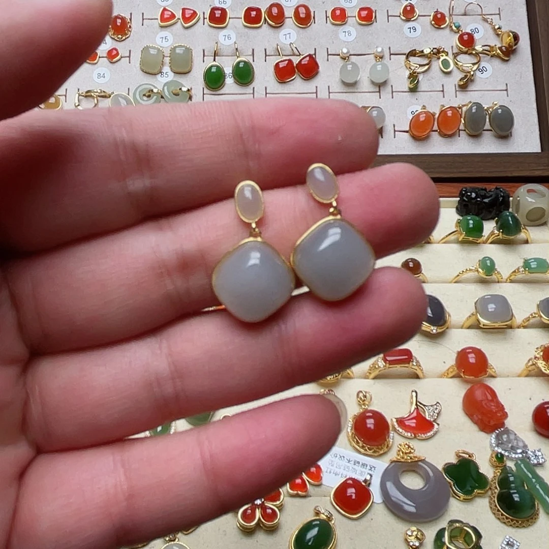 和田玉耳钉银S925镶嵌