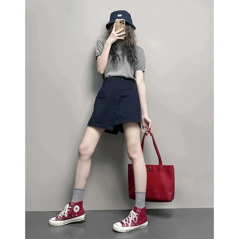2025年夏季穿搭休闲百搭T恤上衣高腰显瘦不规则阔腿裙裤一整套女