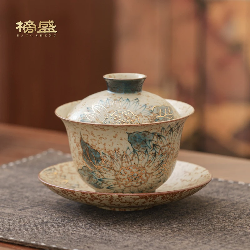 榜盛手绘三才盖碗复古火石红釉单个泡茶碗茶杯高档功夫茶具套装