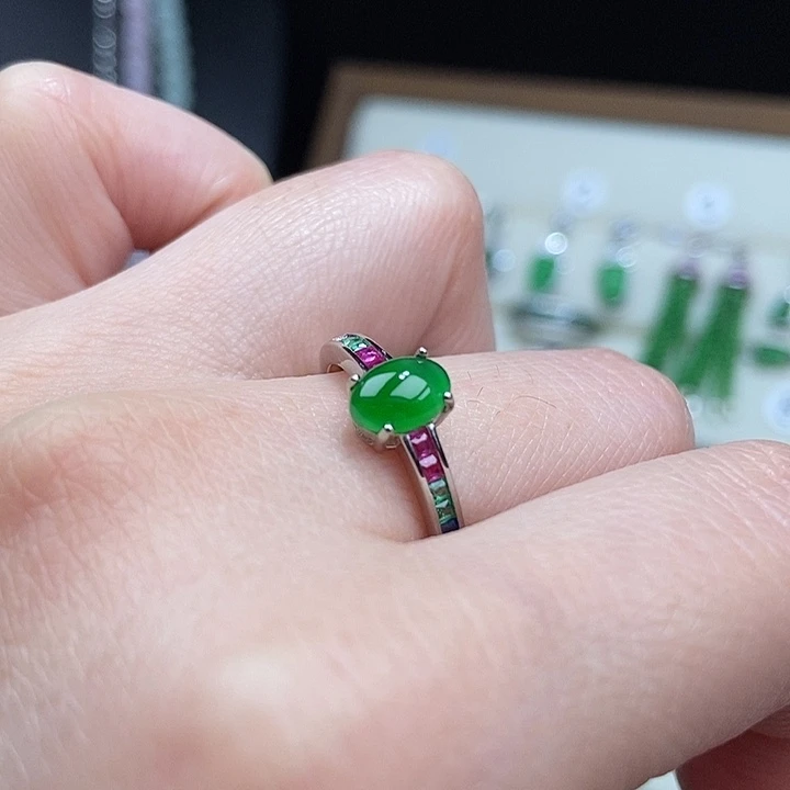 翡翠银S925镶嵌戒指天然