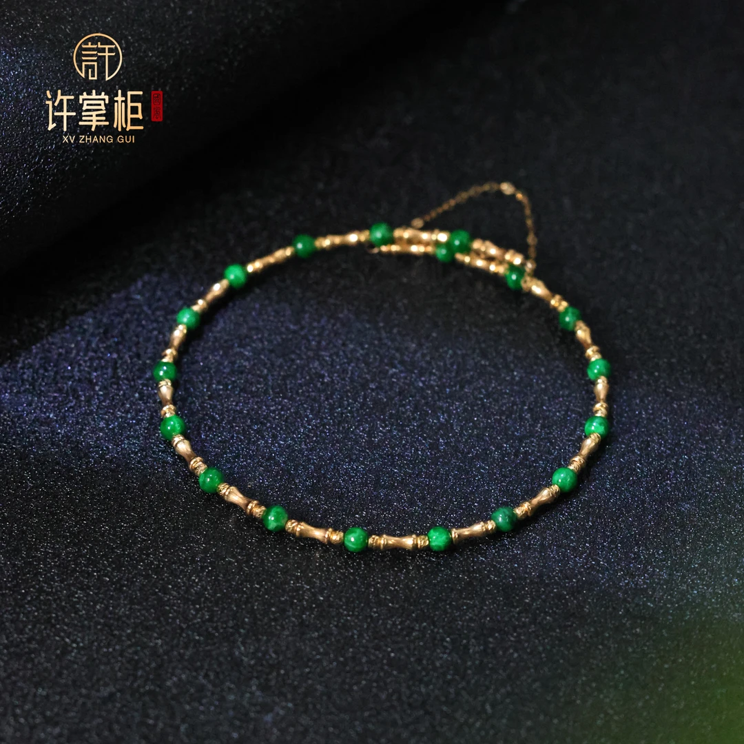 许掌柜｜ 18K金翡翠圆珠竹节手链天然缅甸翡翠A货原创设计时尚精美