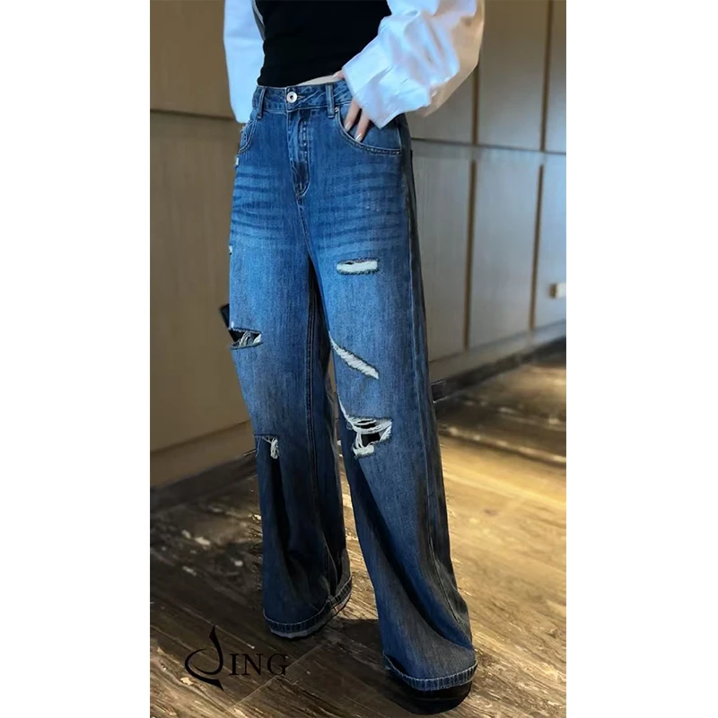 《魔力空调牛仔裤》直筒牛仔裤女裤休闲百搭水洗潮流裤破洞裤