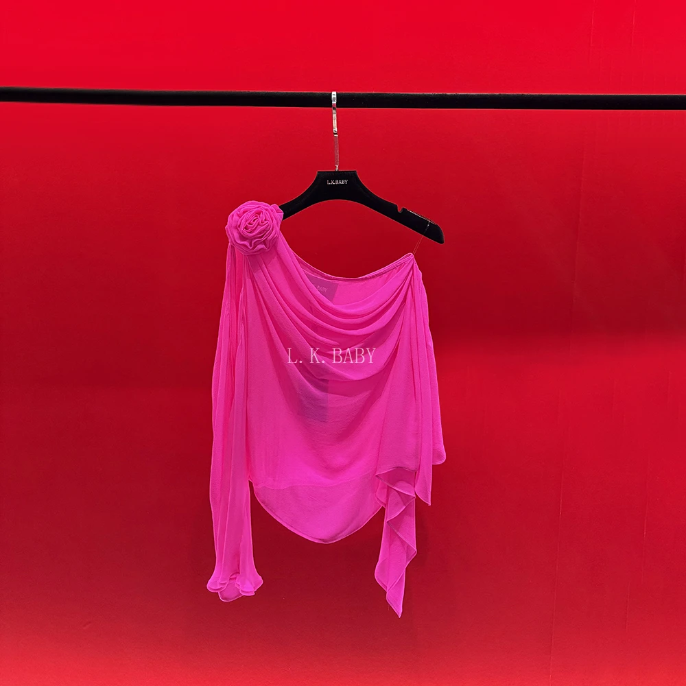 【L.K.BABY】云纱玫瑰  法式纯欲设计感立体花朵褶皱斜肩衫