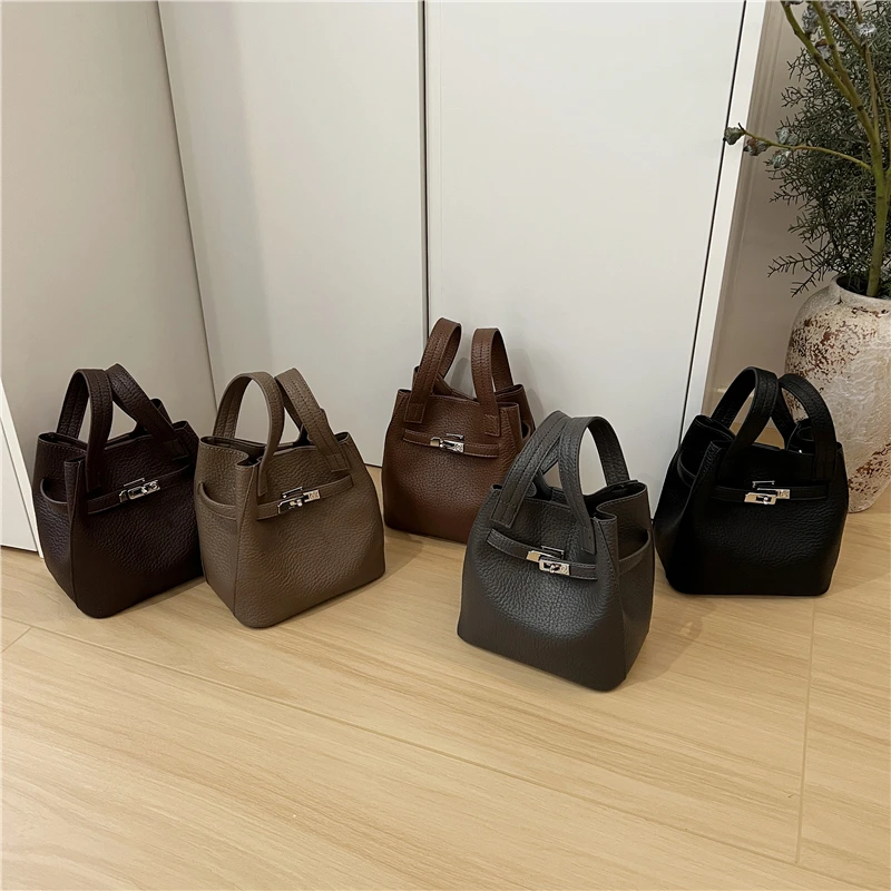 自制小众高级荔枝纹软皮复古锁扣手提菜篮子包斜挎小包包