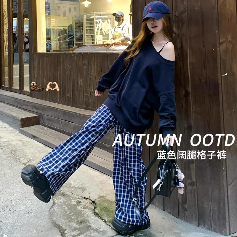 雪千羽蓝色格子裤女2025夏季新款高腰垂感休闲复古直筒格纹阔腿裤