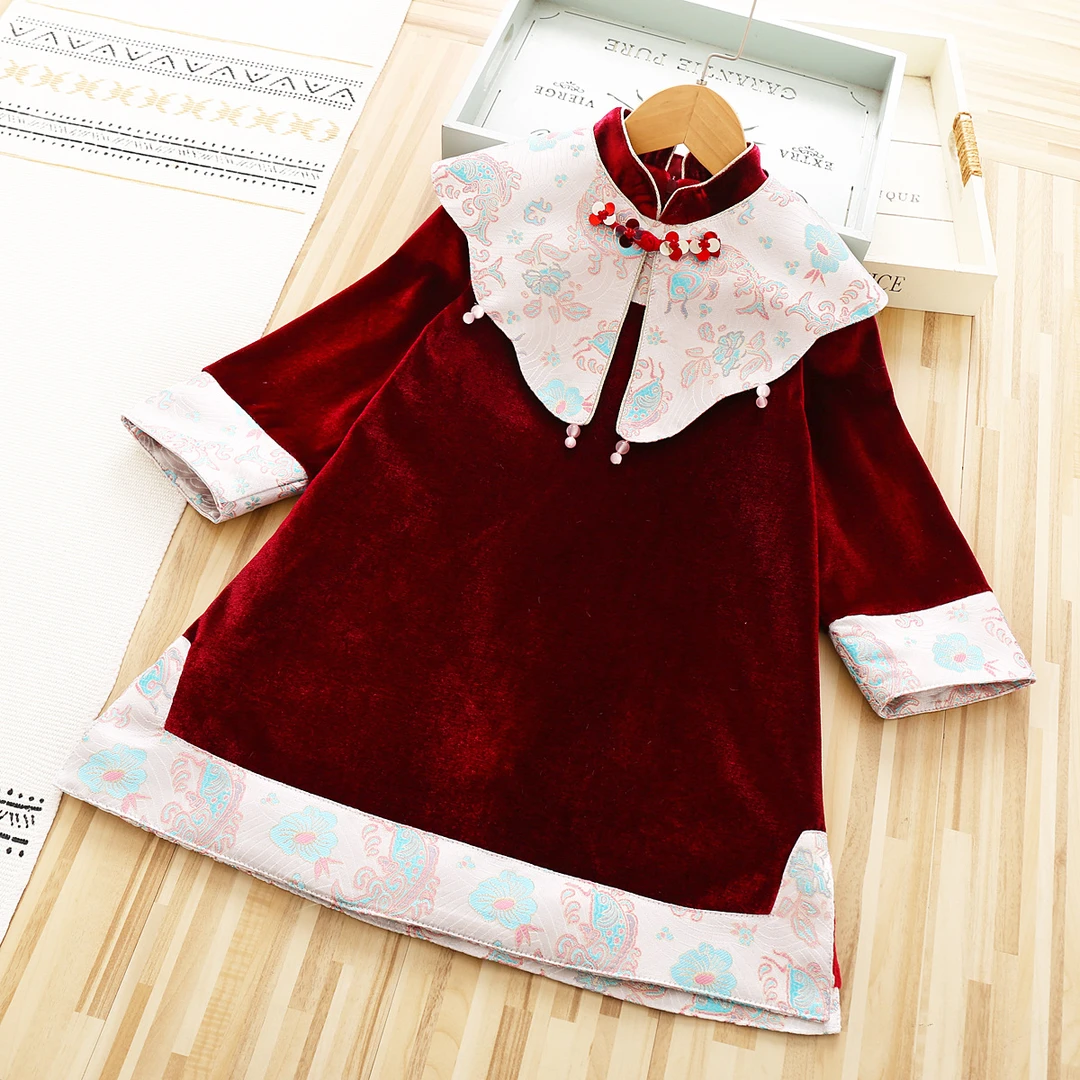 女童旗袍裙2025冬季儿童洋气新中式公主裙小孩拜年服宝宝丝绒裙子