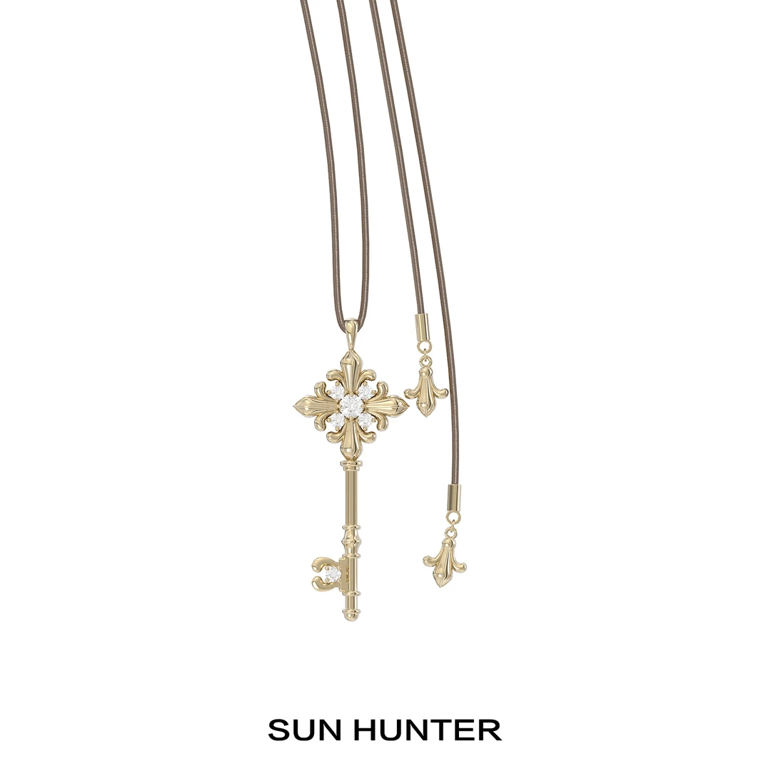 铜合金皮质项链 三横SUN HUNTER原创鸢尾花钥匙皮绳项链可调节锁