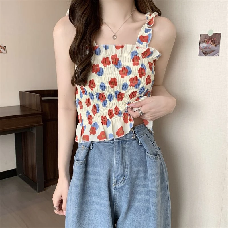 甜辣雪纺木耳边碎花百褶背心女2025韩版夏清新弹力修身吊带潮